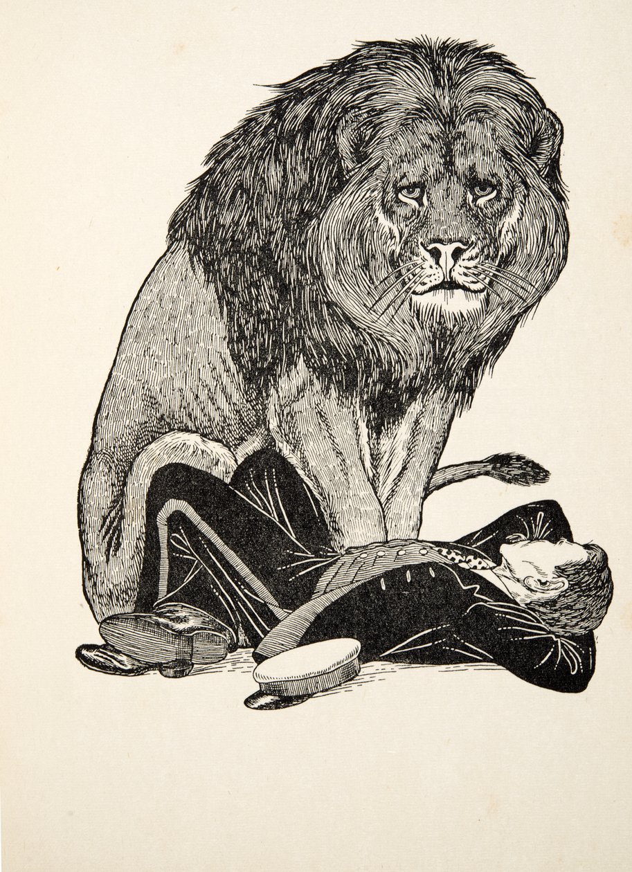 Az oroszlán és őrzője, az Állatok száz anekdotájából, pub. 1924 alkotó: Percy J. Billingshurst