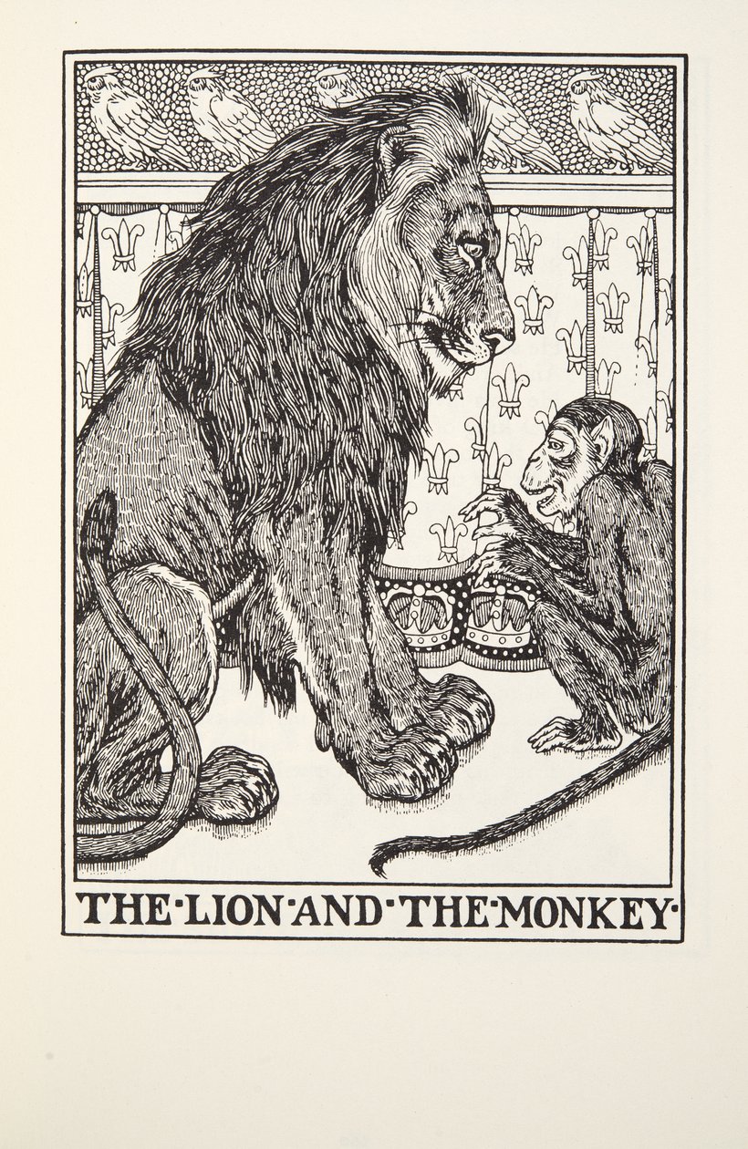 Az oroszlán és a majom, a Fontaine Fables, kocsma. 1905 alkotó: Percy J. Billingshurst