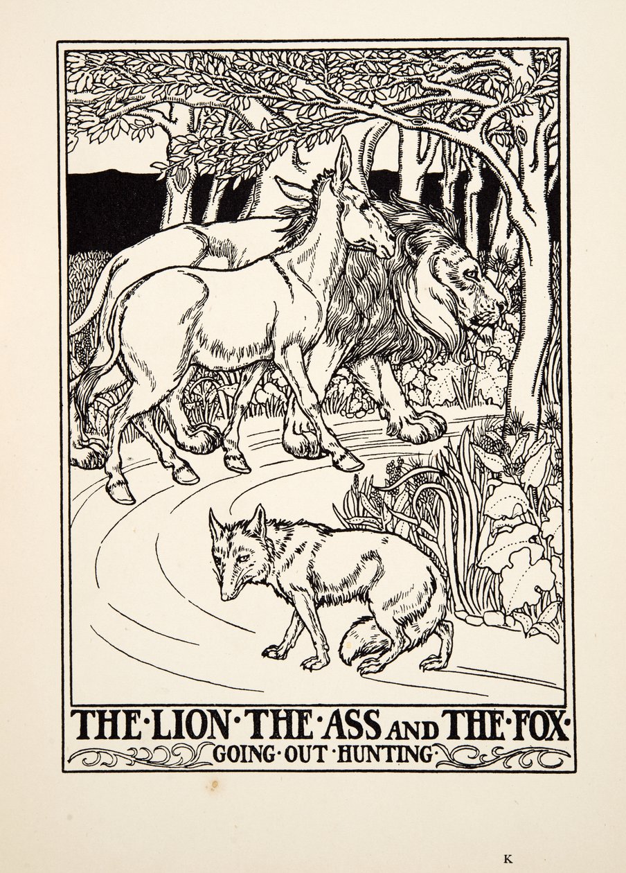 Az oroszlán, a szamár és a róka vadászni készül, A Hundred Fables of Aesopus, pub.1903 (metszet) alkotó: Percy J. Billingshurst
