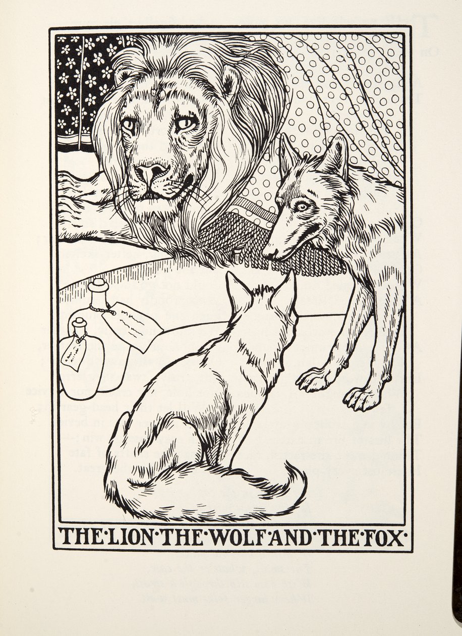 Az oroszlán, a farkas és a róka, a Fontaine Fables-ből, pub. 1905 alkotó: Percy J. Billingshurst
