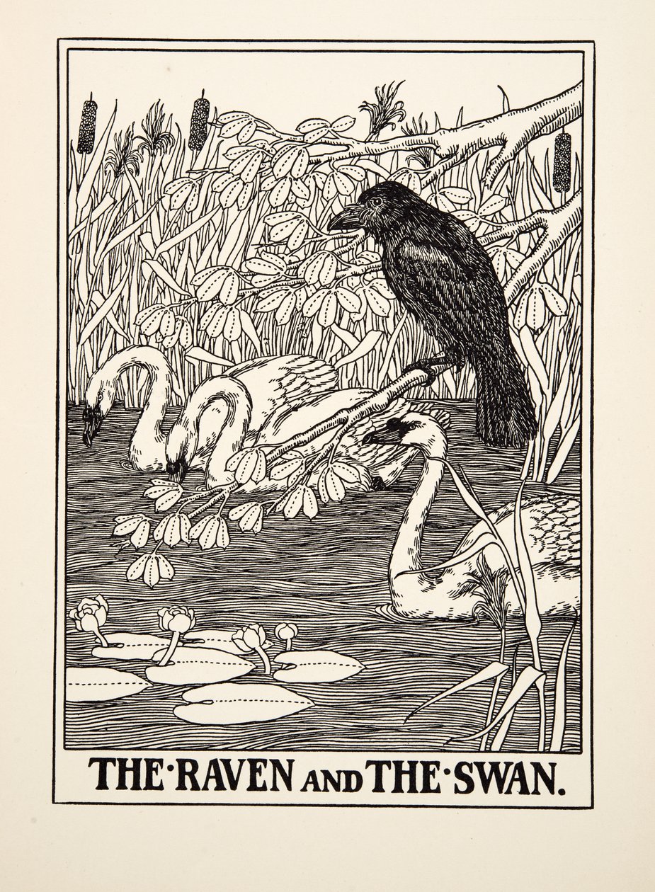 A holló és a hattyú, A Hundred Fables of Aesopus, pub.1903 alkotó: Percy J. Billingshurst