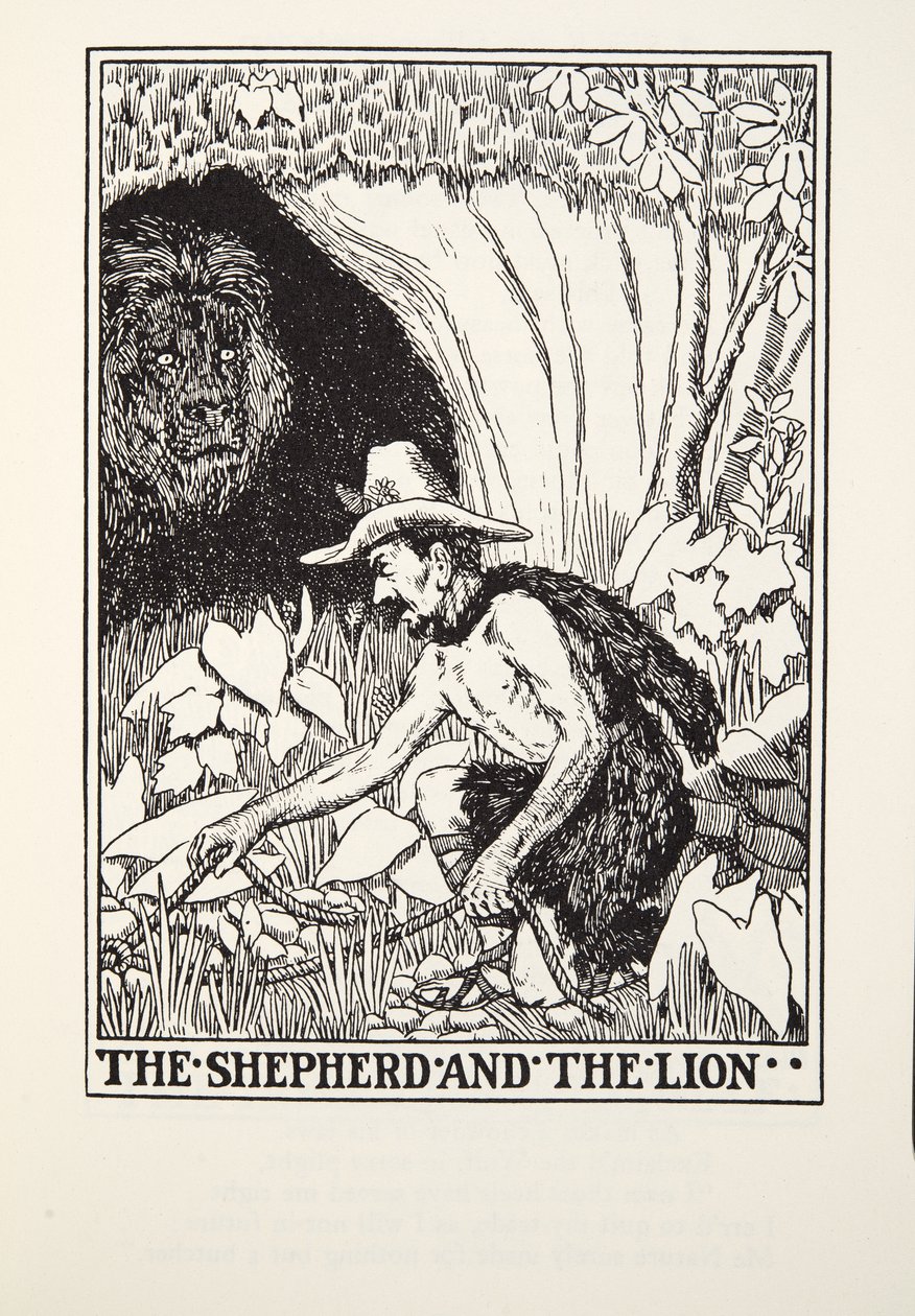 A Pásztor és az Oroszlán, a Fontaine Fables-ből, pub. 1905 alkotó: Percy J. Billingshurst