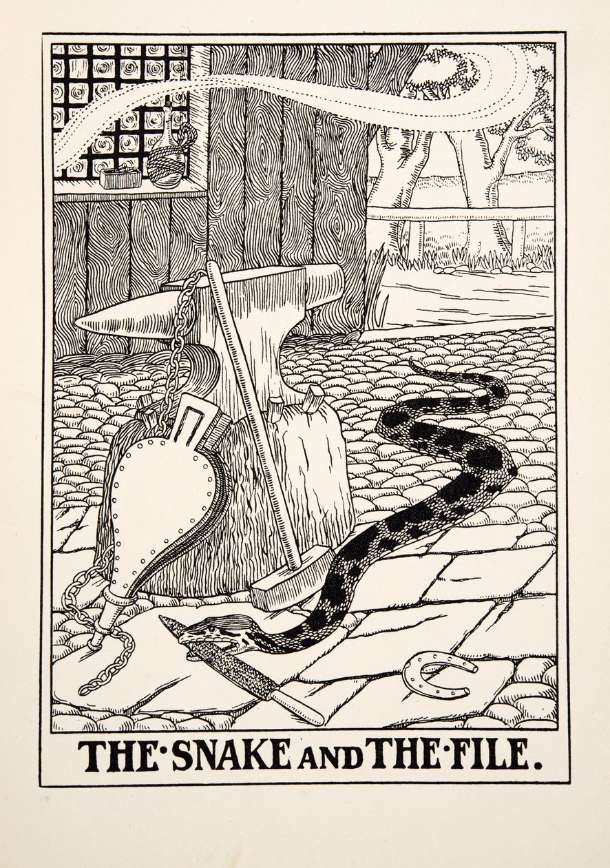 The Snake and the File, A Hundred Fables of Aesopus, Pub.1903 (metszet) alkotó: Percy J. Billingshurst