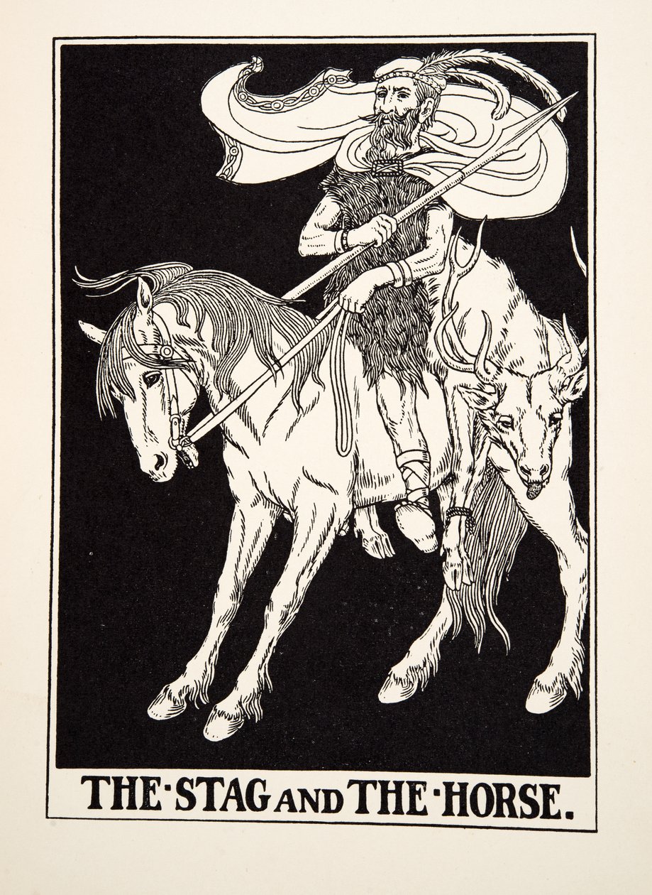 A szarvas és a ló, A Hundred Fables of Aesopus, pub.1903 (metszet) alkotó: Percy J. Billingshurst