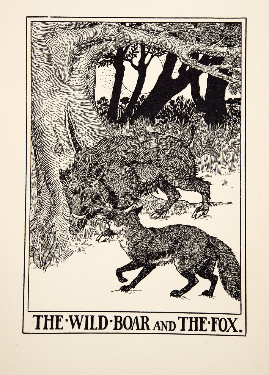 A vaddisznó és a róka, Aiszópus száz meséjéből, pub.1903 (metszet) alkotó: Percy J. Billingshurst
