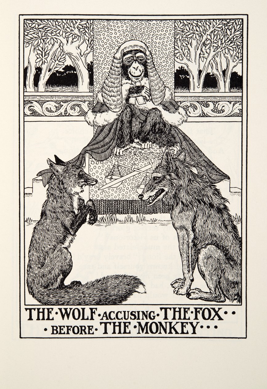 A Farkas vádolja a rókát a majom előtt, a Fontaine Fables-től, pub. 1905 alkotó: Percy J. Billingshurst