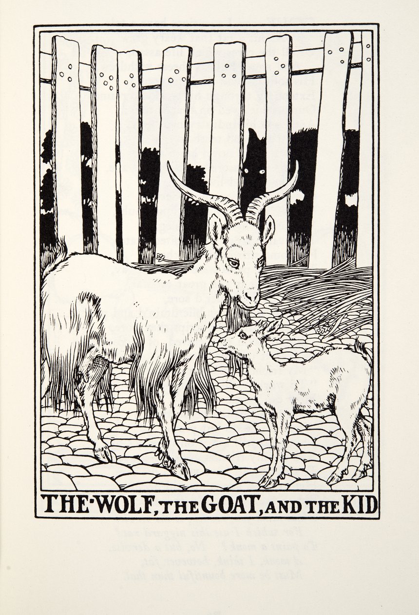 A farkas, a kecske és a kölyök, a Fontaine Fables-ből, kocsma. 1905 alkotó: Percy J. Billingshurst