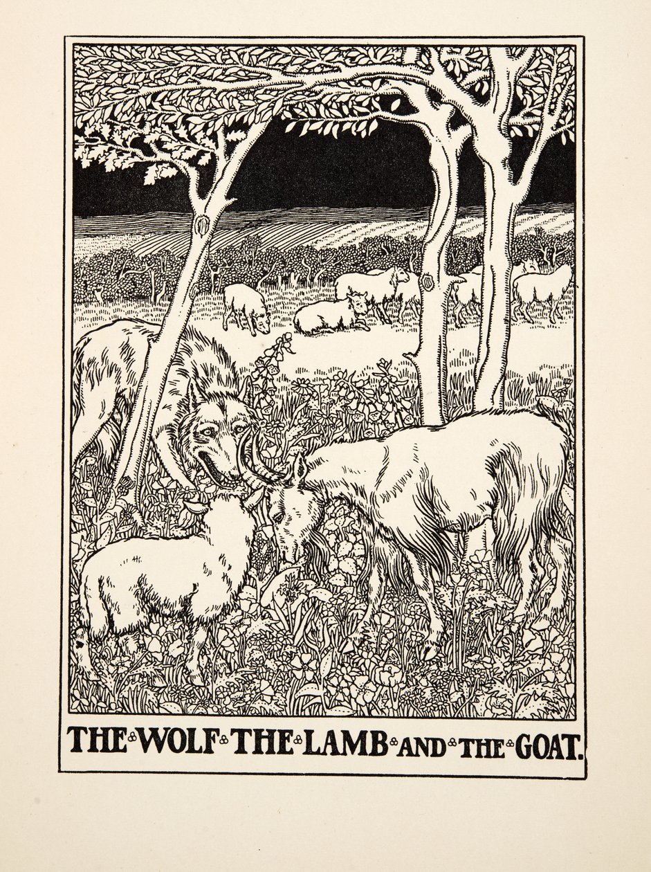A farkas, a bárány és a kecske, Aiszópus száz meséjéből, pub.1903 (metszet) alkotó: Percy J. Billingshurst
