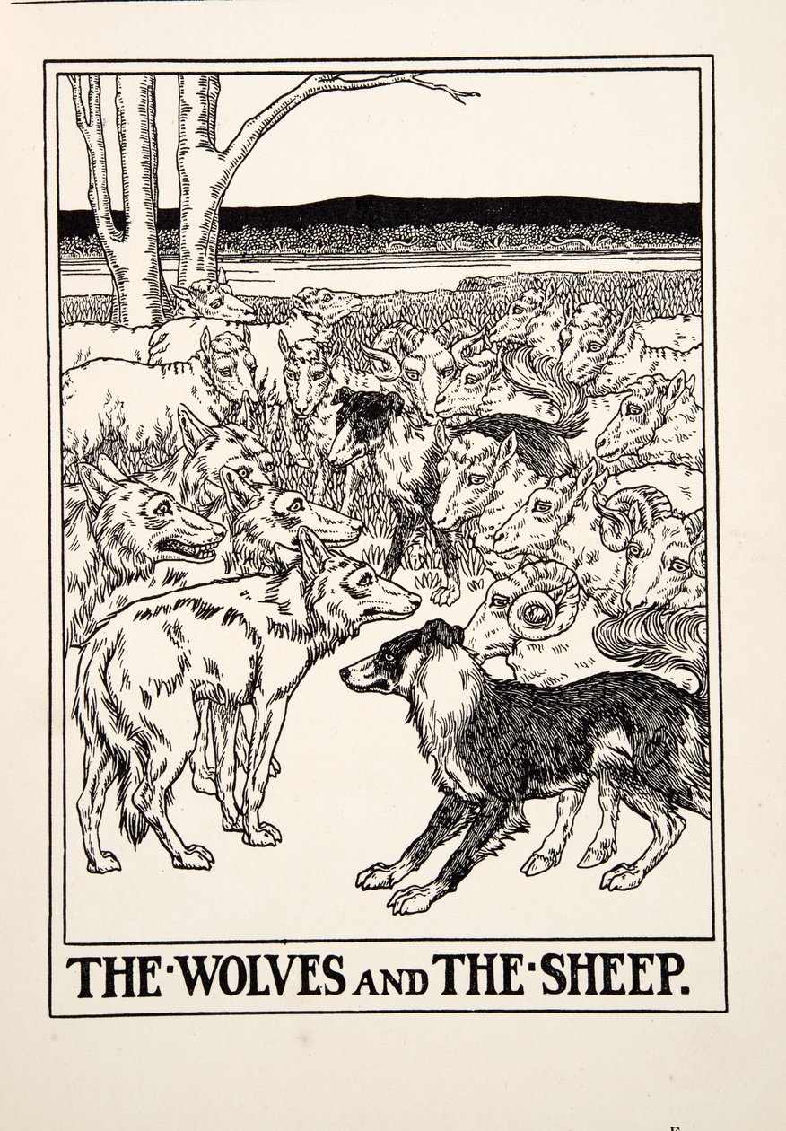 A farkasok és a birkák, Aiszópus száz meséjéből, 1903-as pub. (metszet) alkotó: Percy J. Billingshurst