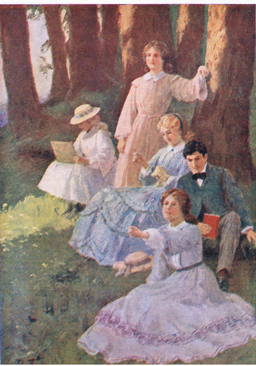 Jo rámutatott, Laurie pedig beállított, hogy megvizsgálja az Associated Newspapers Limited által kiadott Little Women-t, 1940 körül (színes litó) alkotó: Percy Tarrant