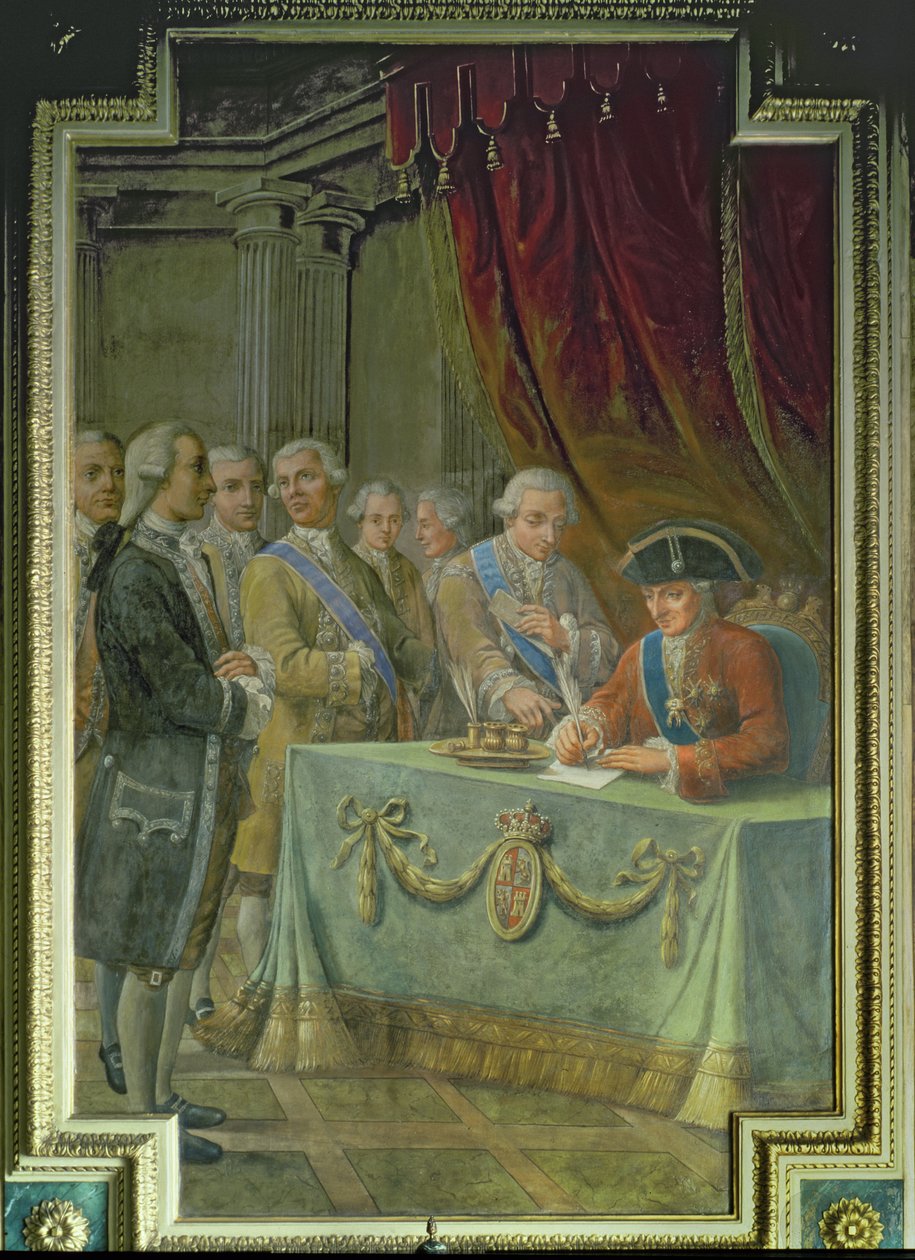 III. Károly (1716-88) aláírja az Ázsiával és a Fülöp-szigetekkel folytatott kereskedelmet engedélyező rendeletet alkotó: Pere Pau Muntanya