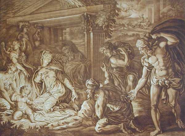 A Pásztorok imádása, vésette Elisah Kirkhall (1682-1742) 1724 (színes litó) alkotó: Perino del Vaga