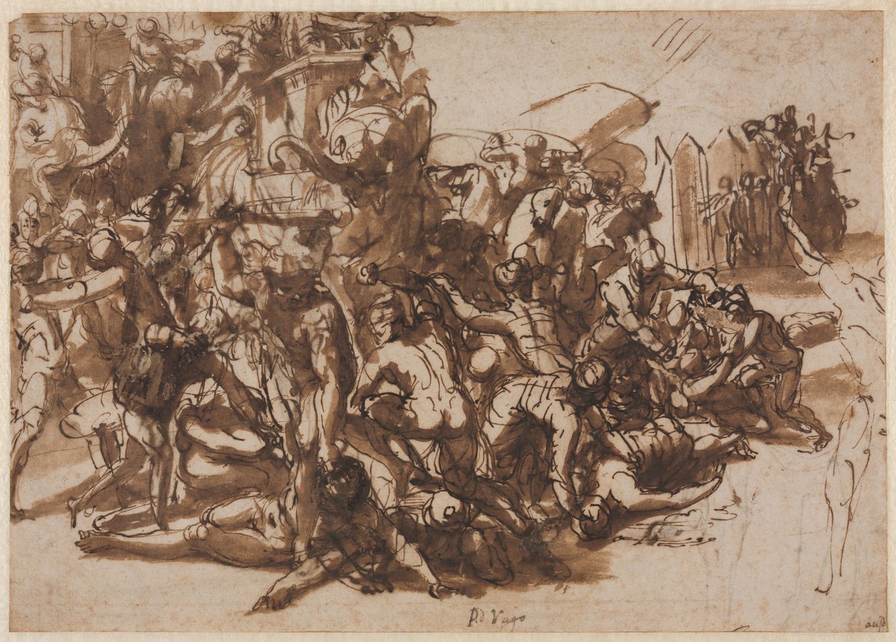 Poros Assailed by the Macedonian Army recto, Sketches of Animals verso, c. 154547. alkotó: Perino del Vaga