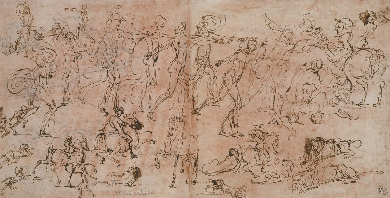 Tanulmányok harcosokról, lovasokról és oroszlánokról, 1528-33 alkotó: Perino del Vaga