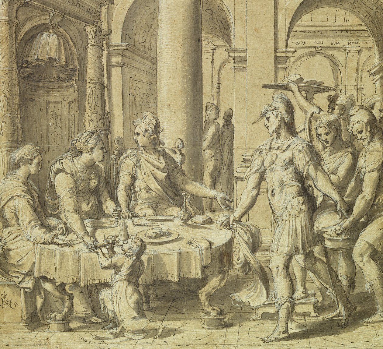 Dido és Aeneas lakomája, minta az Aeneas története sorozatban található kárpithoz, 1532 körül (toll, tinta és mosás papíron) alkotó: Perino del Vaga