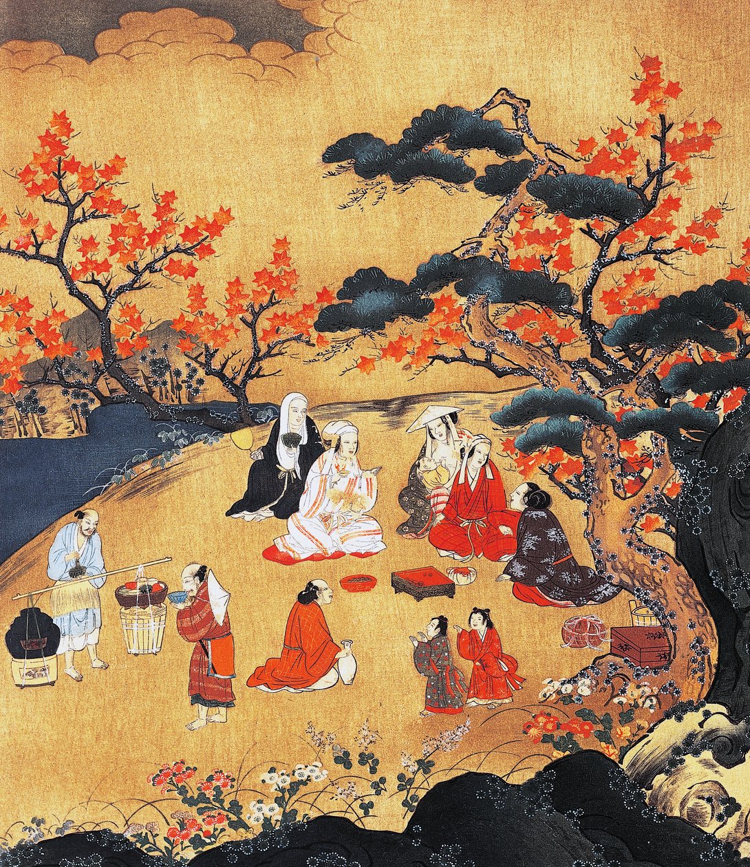 Juharfákat nézegető nők Takaóban, képernyő, Azuchi-Momoyama időszak (1568-1600), Japán, 16. század, részlet alkotó: Period Momoyama