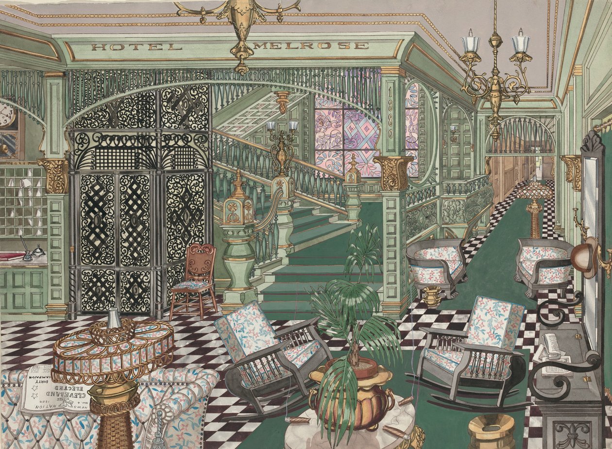 Melrose Hotel Lobby, 1880, c. 1947. alkotó: Perkins Harnly