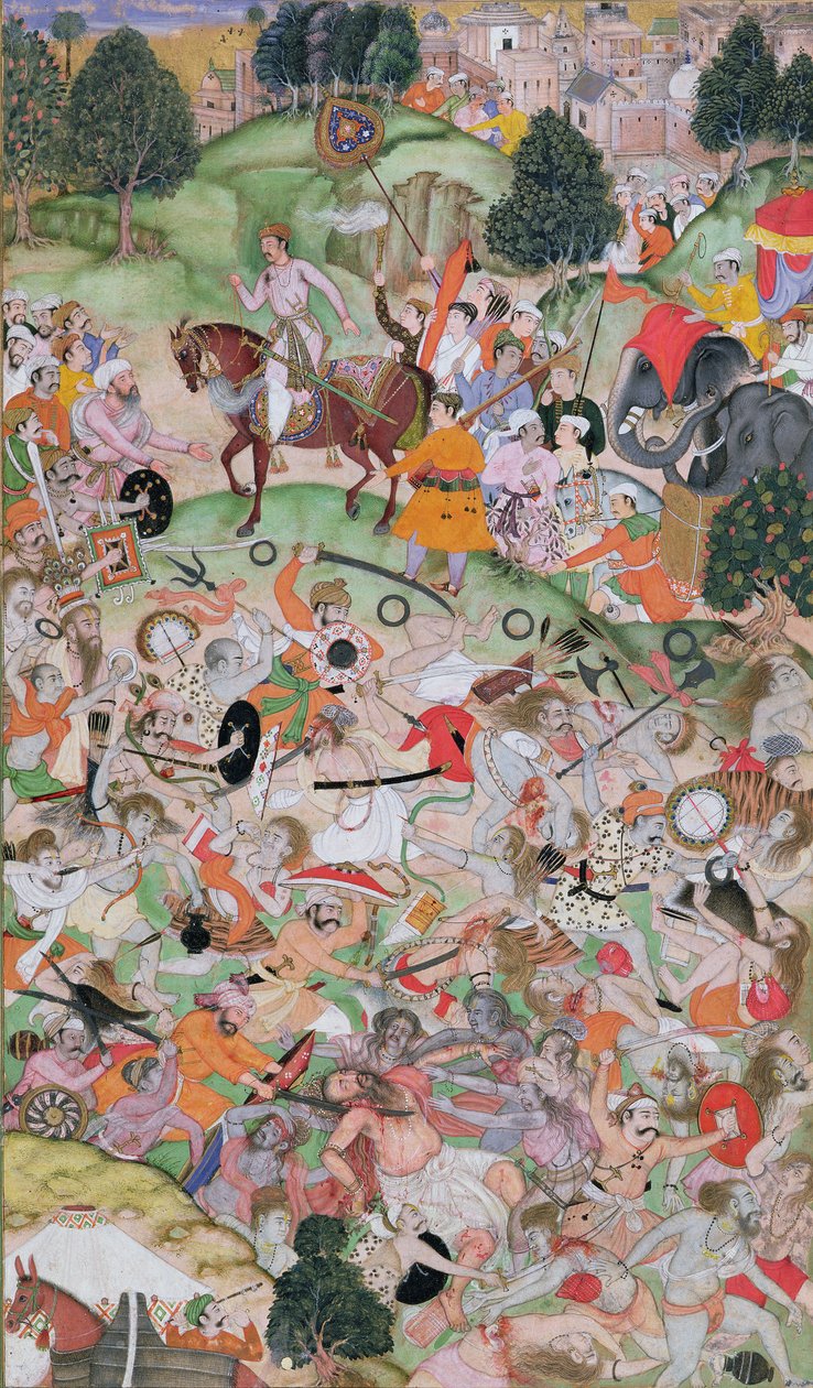 Akbar segédkezett az aszkéták veszekedésében, az Akbarnamából, Mogulból, 1590-95 körül (átlátszatlan wc és arany papíron) alkotó: Persian School