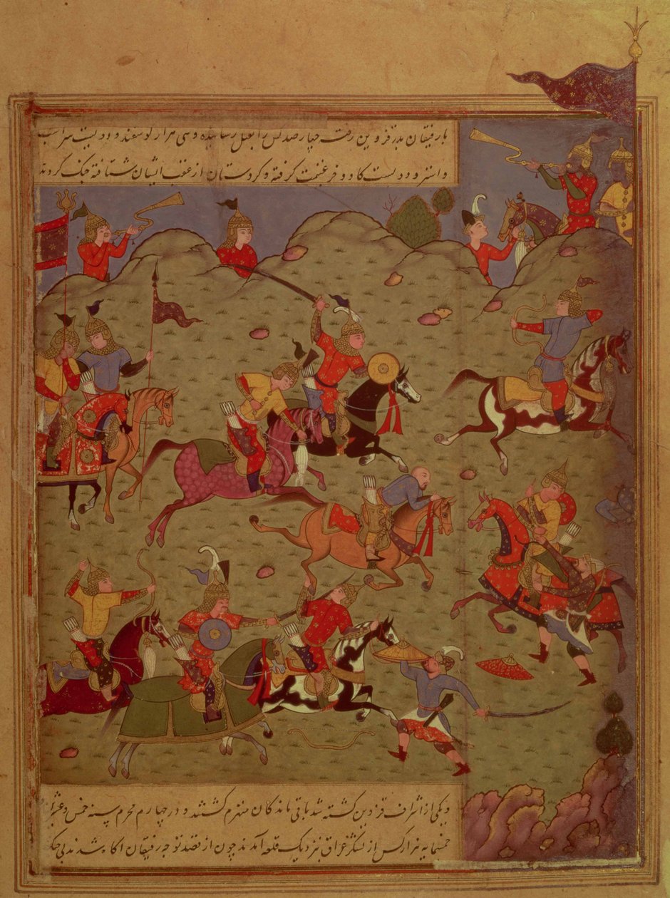 Codrington MS (No. 249A). Csatajelenet, Nizami Iskandar-namájából, 1525 körül (wc, tinta és arany papíron) alkotó: Persian School