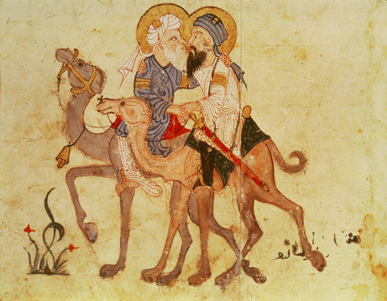 Ms Ar 3929 f.122, Abu-Zayd és Al-Harith búcsúi a mekkába való visszatérés előtt, Al-Hariri „Al Maqamat” (The Meetings) című művéből, 1240 körül (guache pergamen) alkotó: Persian School
