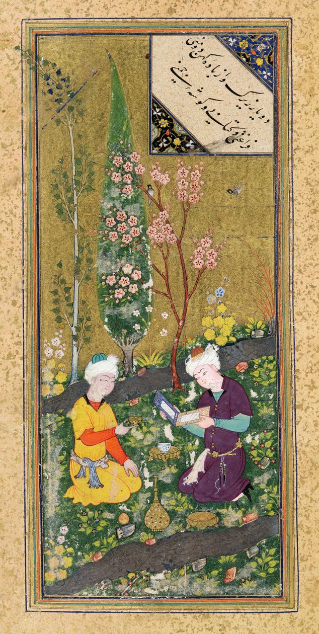 Ms C-860 fol.9a Két figura olvas és pihen a gyümölcsösben, 1540-50 körül alkotó: Persian School