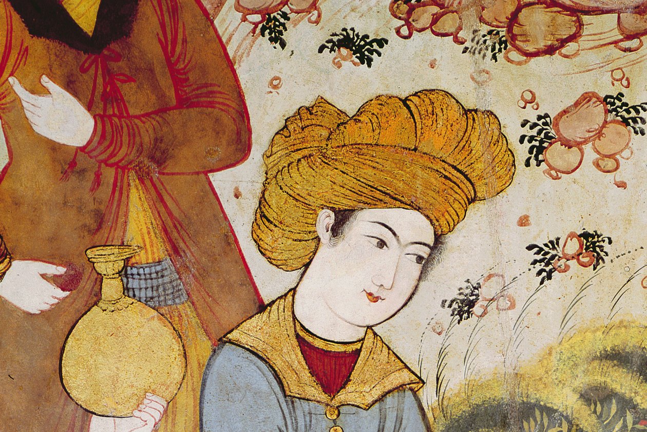 I. Abbas sah (1588-1629) és egy udvaronc, aki gyümölcsöt és italt kínál (az 155563-as részlet, amely az udvarmester fejét ábrázolja) alkotó: Persian School