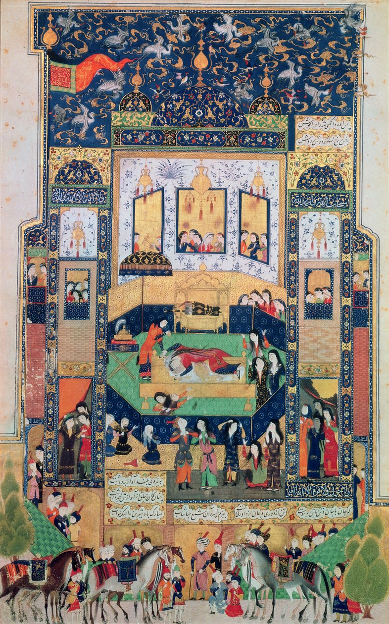 Shirin halála, Illusztráció Elias Nezami (1140-1209) „Khosro és Shirin” című művéhez, 1504 (guache és aranylevél papíron) alkotó: Persian School