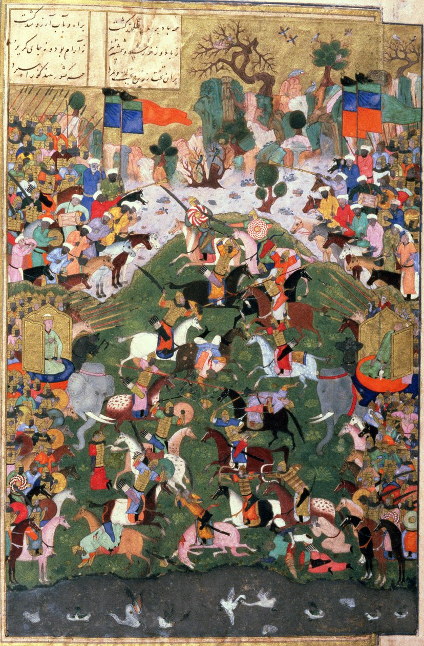 A sakk eredete: Battle Between Gaw és Talhand, illusztráció a Shahnama-ból (Királyok könyvéből), Abul-Qasim Manur Firdawsi (kb. 934-kb. 1020) kb. 1440-45 (toll, tinta és wc pergamen) alkotó: Persian School
