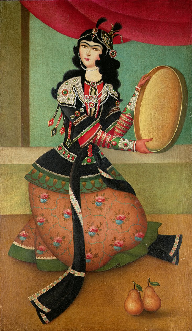 Egy táncoló lány tamburával, Qajar iskola alkotó: Persian School