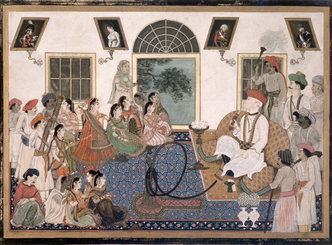 Egy európai, valószínűleg Sir David Ochterlony (1758-1825), indiai ruhában, vízipipát szívott, és nótát néz a házában Delhiben, 1820 körül (tinta és színes papíron) alkotó: Persian School