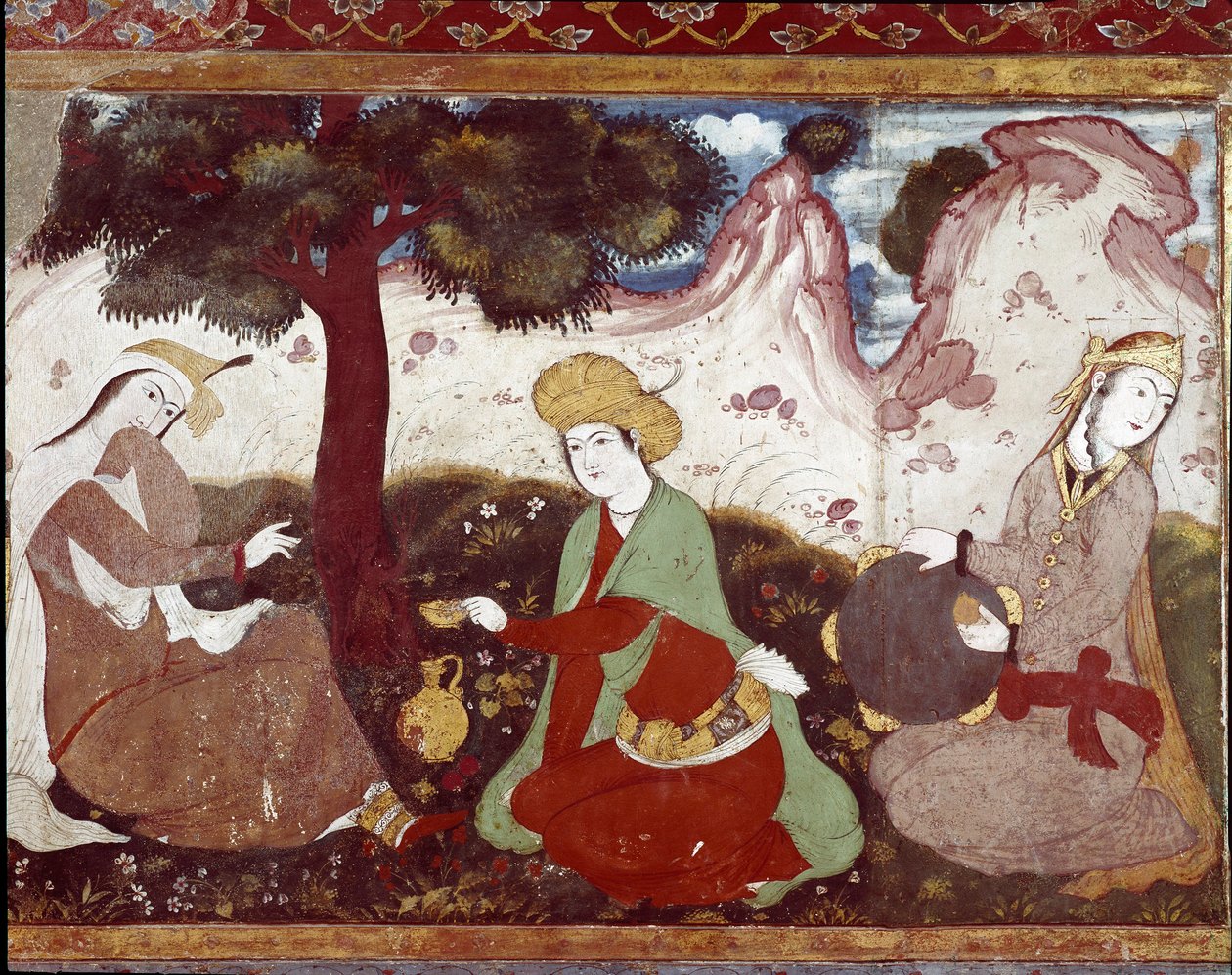 Perzsa hercegnő udvarhölgyeivel egy 17. századi kertben. Freskó a 40 oszloppalotából (Chehel Sotoun) Iszfahánban (Iszfahán vagy Esfahan, Isfahan), Irán. alkotó: Persian School