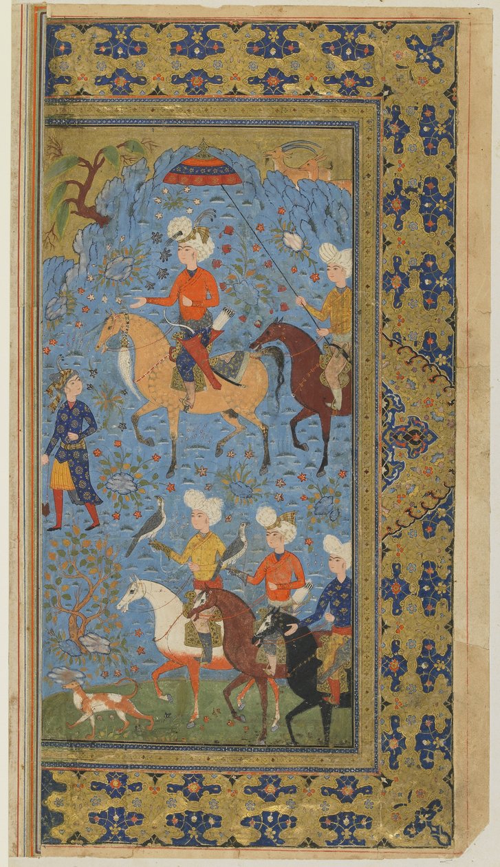 Királyi vadászat egy Shahnamából (Királyok könyve), Firdawsi, 1590-1600 körül (tinta, átlátszatlan akvarell és arany papíron) alkotó: Persian School