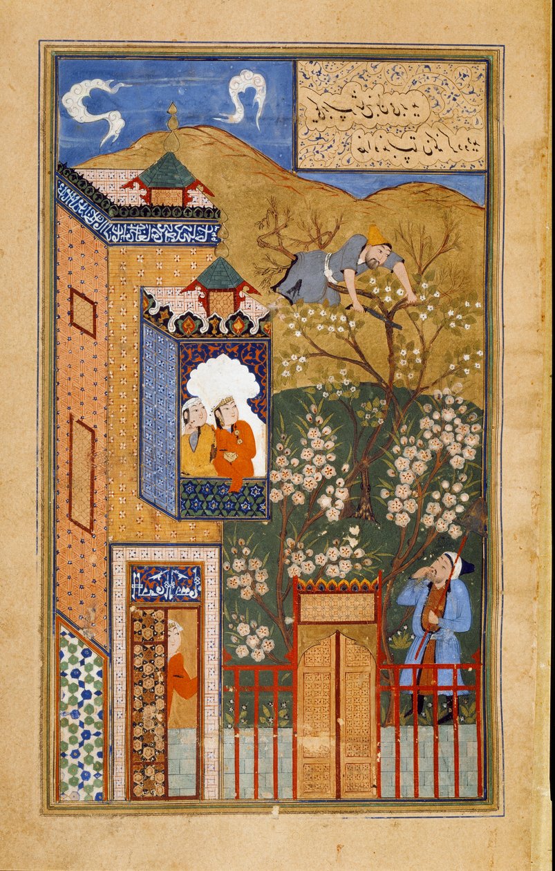 Egy bolond levágja az ágat, amelyen ül a kertész szeme alatt. Page a perzsa kéziratból ms. 1187 (fol 27v) másolat Buharába 1540-1557 körül. Paris, B.N. alkotó: Persian School