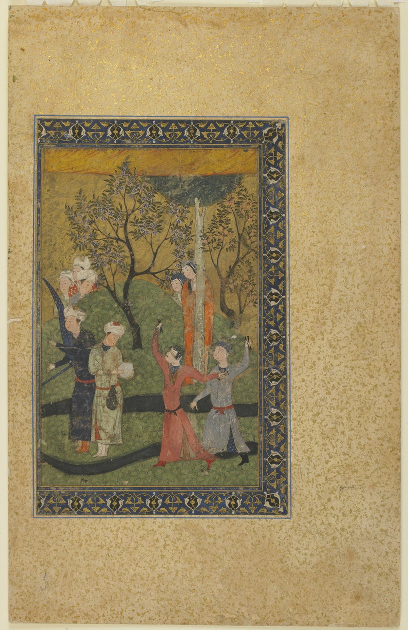 Királyfi és hercegnő udvaroncokkal körülvéve egy kertben, 1480 körül alkotó: Persian School