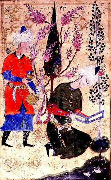 Egy ülő herceg olvas, miközben egy szolga bort szolgál fel, a Tohfat Al-Ahrarból, Bokhara iskola alkotó: Persian School