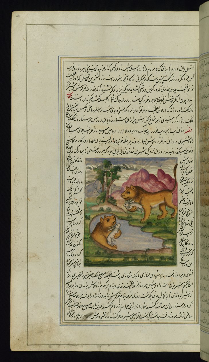 Egy nyúl által becsapott gonosz oroszlán belenéz egy kútba, és meglátja a tükörképét a Canopus fényeiből alkotó: Persian School
