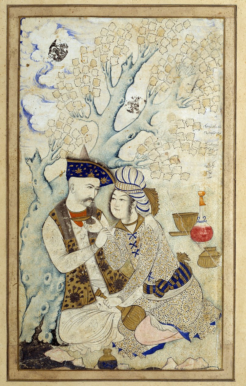 Művészet Iszlám: I. sah Abbász portréja, aki átöleli az egyik oldalát. 1672-es perzsa rajz. Mérete: 0,16 x 0,27 m. Párizs, Musee du Louvre alkotó: Persian School