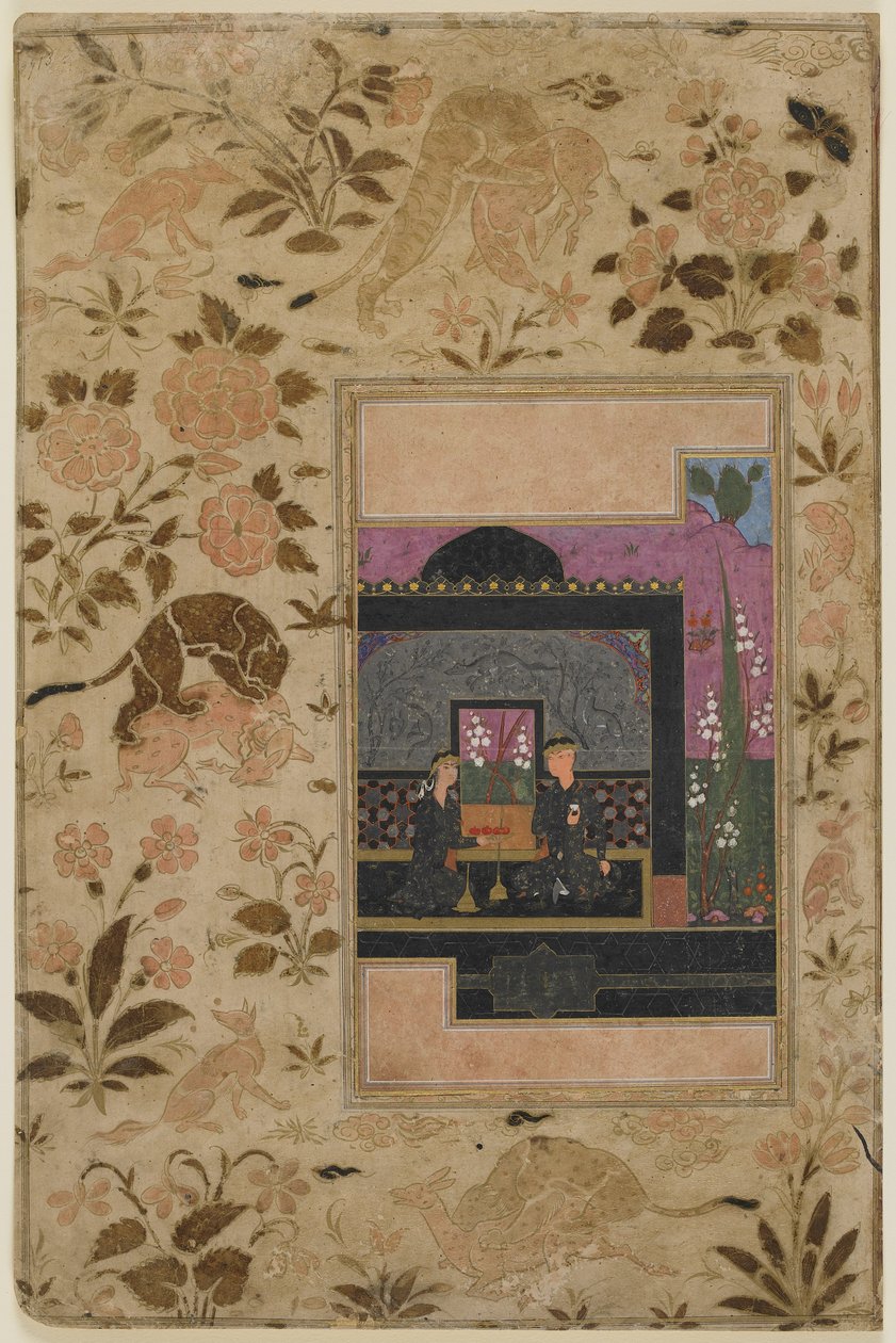 Bahram Gur és a hercegnő a fekete pavilonban, 1590 körül (átlátszatlan akvarell, tus és arany papíron) alkotó: Persian School