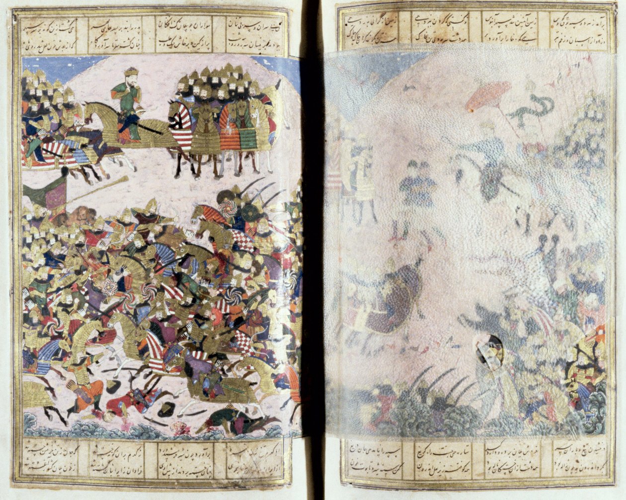 Harc Isfandiyar és Arjasp között, illusztráció a Shahnama-ból (Királyok könyvéből), Abul-Qasim Manur Firdawsi (kb. 934-kb. 1020) kb. 1440-45 (toll, tinta és wc pergamen) alkotó: Persian School