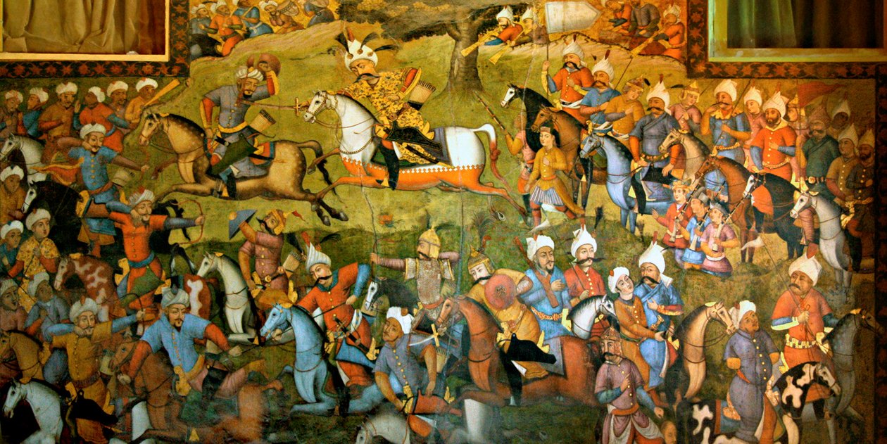 Taher-Abad vagy Merv csata Iszmáil sah győzelmével Muhammad Shaybani Khan felett, fogadóterem, Chehel Sotun, 1647 alkotó: Persian School