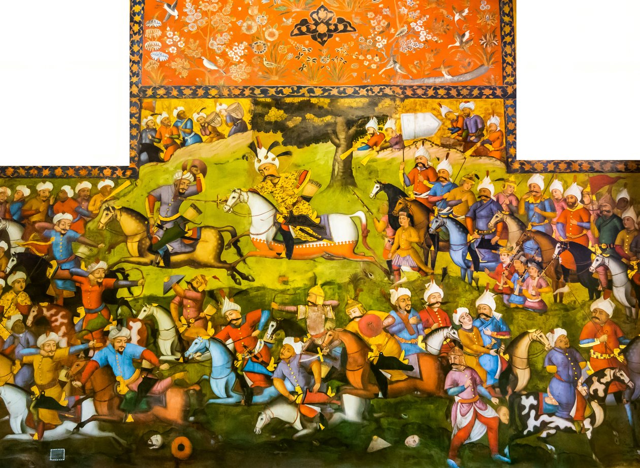 Taher-Abad vagy Merv csata Iszmáil sah győzelmével Muhammad Shaybani Khan felett, fogadóterem, Chehel Sotun, 1647 alkotó: Persian School