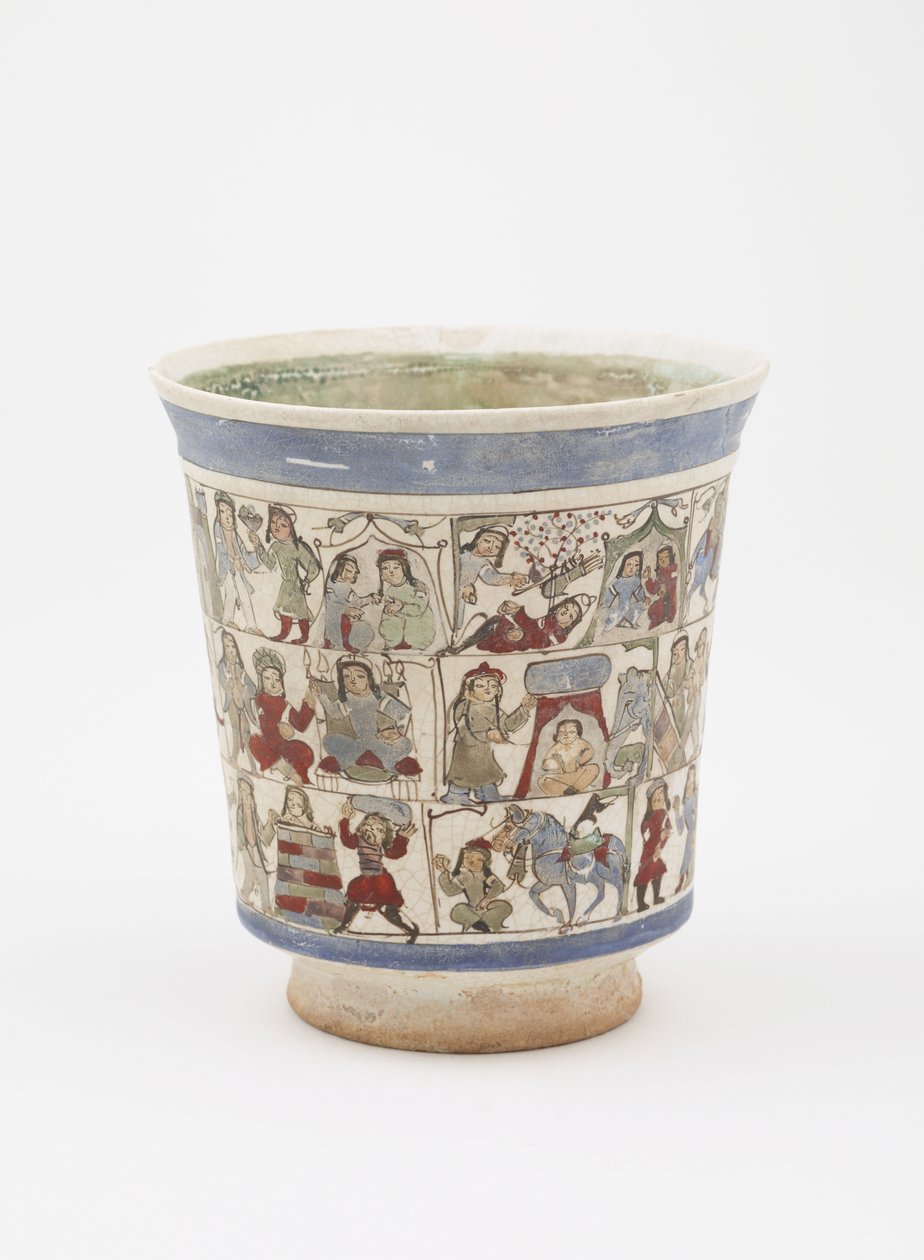 A „Shahnama”, Kashan, Irán, Saljuq-korszakot ábrázoló főzőpohár, 12. század vége (máz alá és máz fölé festett kőpaszta zománccal) alkotó: Persian School
