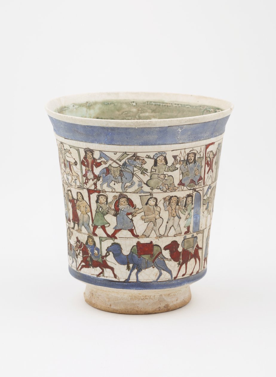 A „Shahnama”, Kashan, Irán, Saljuq-korszakot ábrázoló főzőpohár, 12. század vége (máz alá és máz fölé festett kőpaszta zománccal) alkotó: Persian School