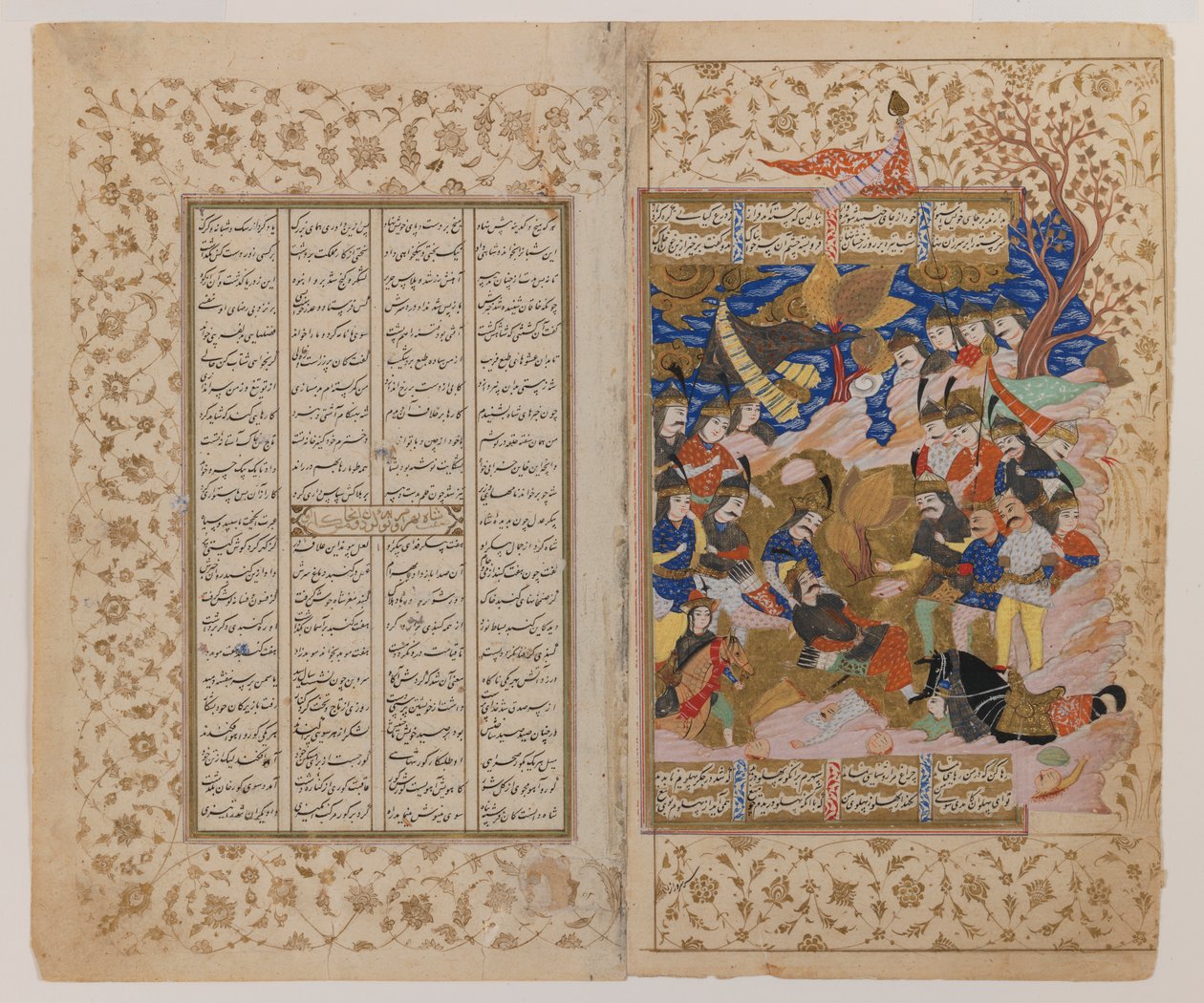 Dupla oldal egy Shahnamah kézirat illusztrációjával, 17. század végi (tinta, gouache és arany pergamenpapíron) alkotó: Persian School
