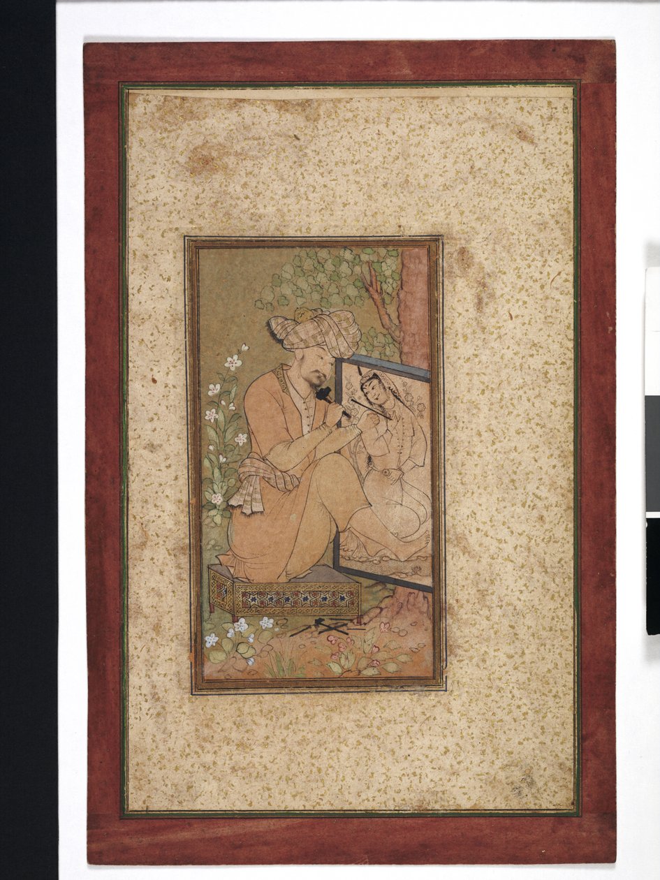 Farhad valószínűleg Shirin portréját faragja 18. század (Átlátszatlan akvarell, tus és arany papíron) alkotó: Persian School