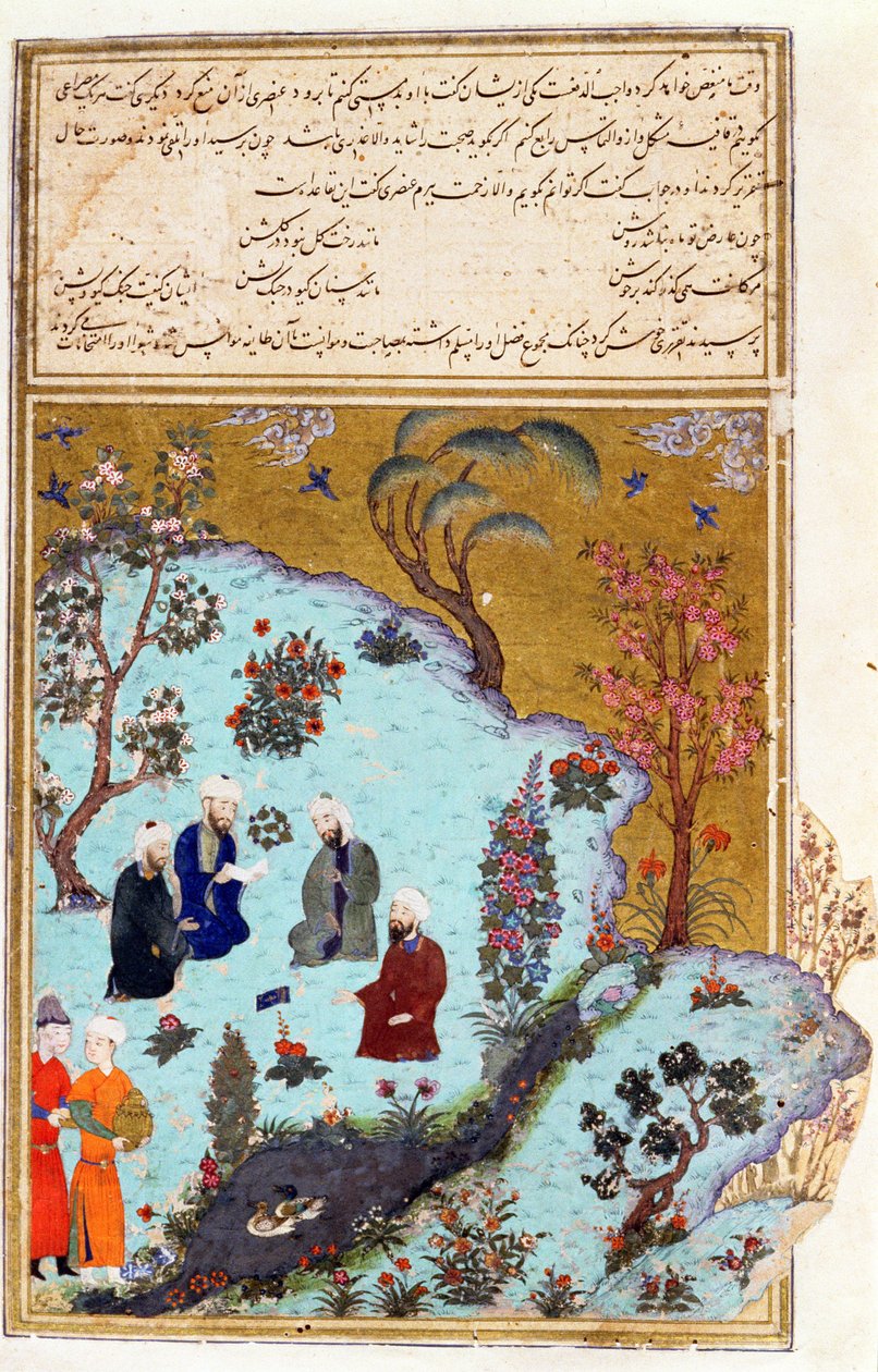 Firdawsi és a három udvari költő, Ghazna, illusztráció a Shahnama-ból (Királyok könyvéből), Abul-Qasim Manur Firdawsi (kb. 934-kb. 1020) kb. 1440-45 (toll, tinta és arany pergamen) alkotó: Persian School
