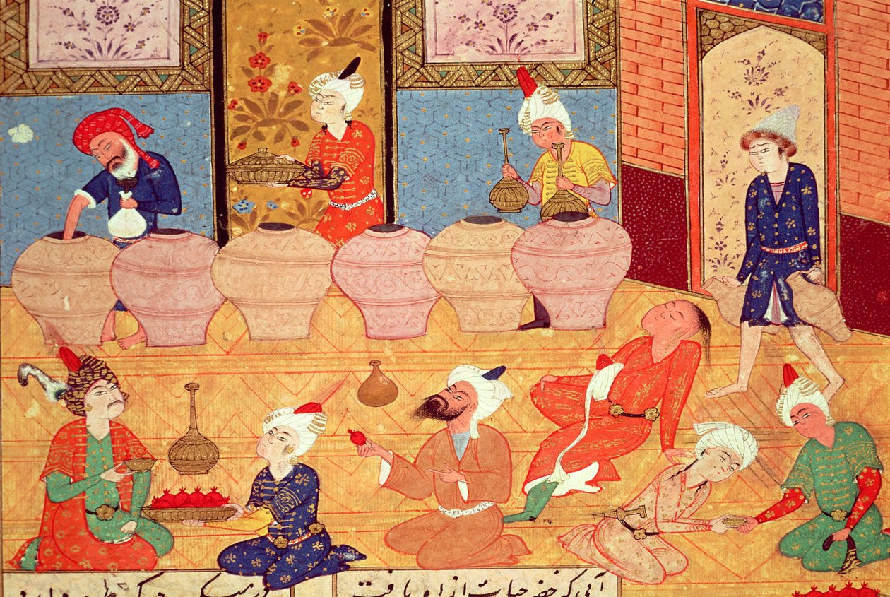 Fol.33v, Részlet egy bankett zenészekkel, Hafiz Shirazi (kb. 1325-kb. 1388) verseskötetéből, 1554 alkotó: Persian School