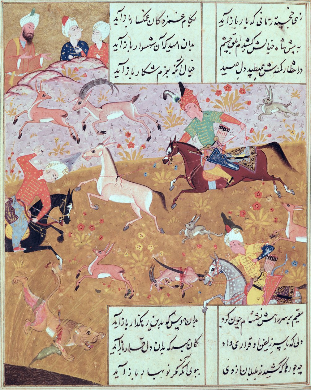 Fol.65r A királyi vadászat, Hafiz Shirazi (kb. 1325-kb. 1388) verseskötetéből (guache papíron) alkotó: Persian School