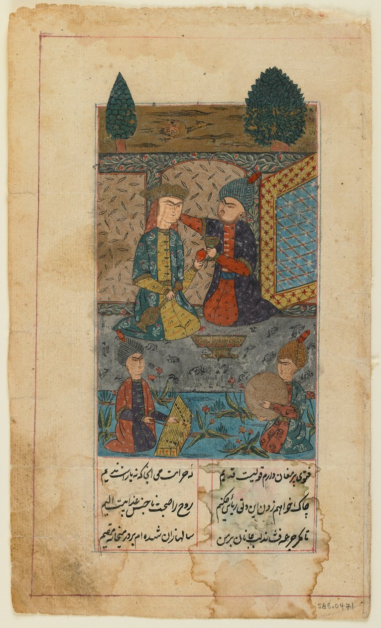 Fólió egy dívánból (összegyűjtött versek), Hafiz; recto: Herceg és Hercegnő Zenészeket hallgat (átlátszatlan akvarell, tus és arany papíron) alkotó: Persian School