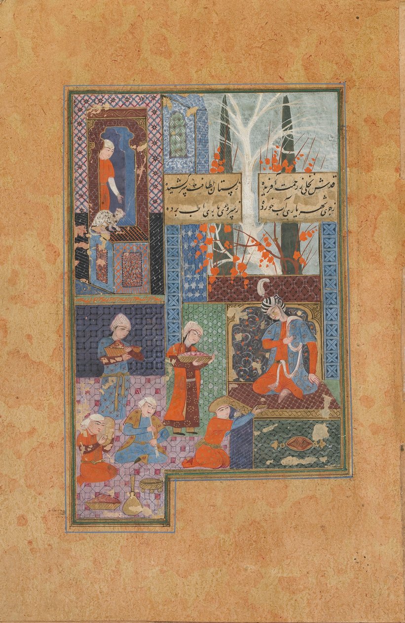 Fólió egy dívánból (összegyűjtött versek) Jamitól († 1492); Herceg és kísérők (átlátszatlan akvarell, tinta és arany papíron) alkotó: Persian School